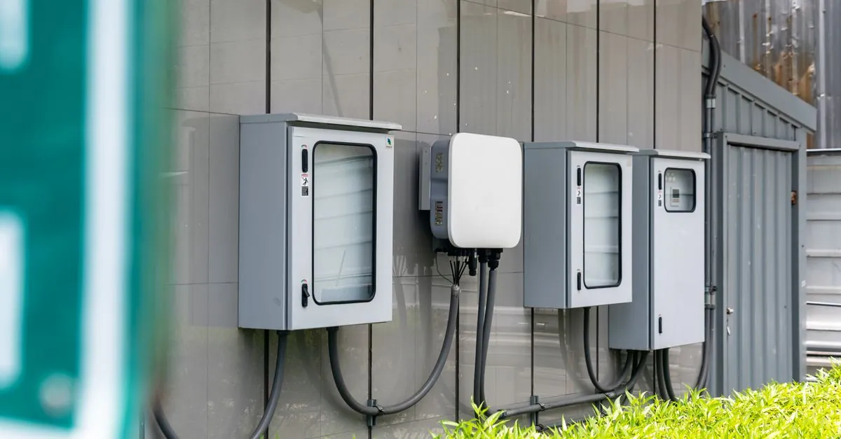 Technische kasten en bekabeling aan de gevel van een bedrijfsgebouw